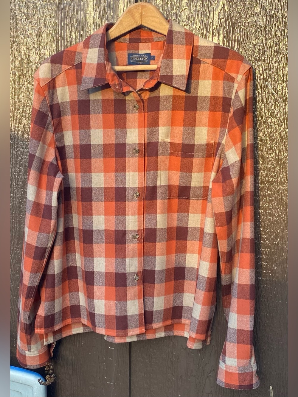 Women’s size XL Pendleton Orange and Brown Plaid Button-Down wool shirt